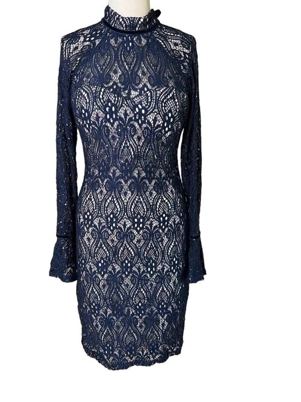 Seqiun Hearts Blue Lace Cocktail Dress with Bell Sleeves - Size 9